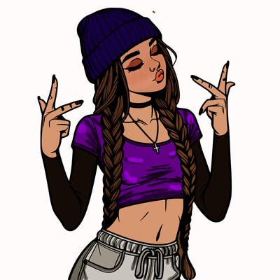 realistic teenage girl with braids and a beanie and crop top doing 🫶🏼