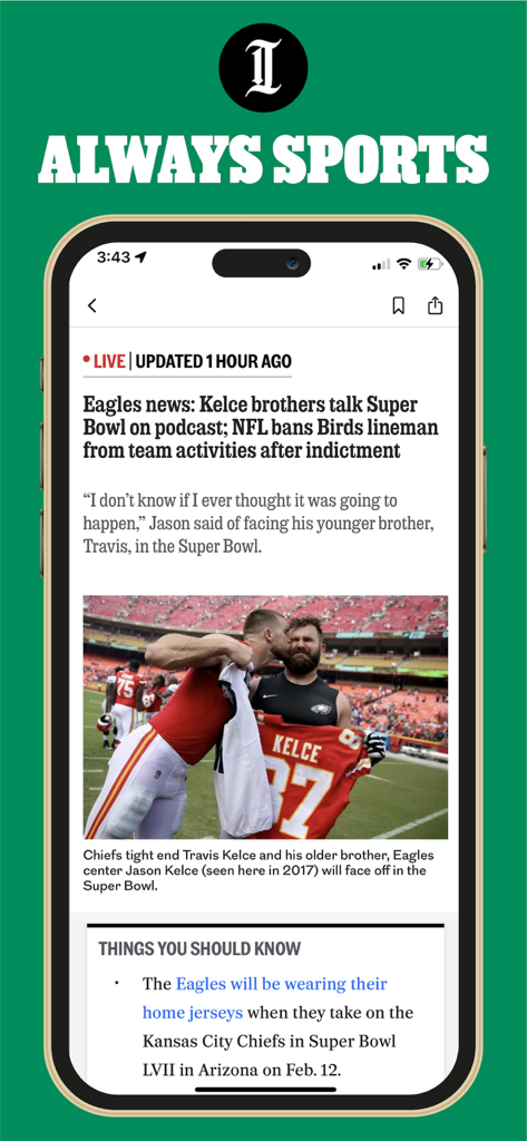 The Philadelphia Inquirer mobile app displaying Eagles sports news and an article about the Kelce brothers