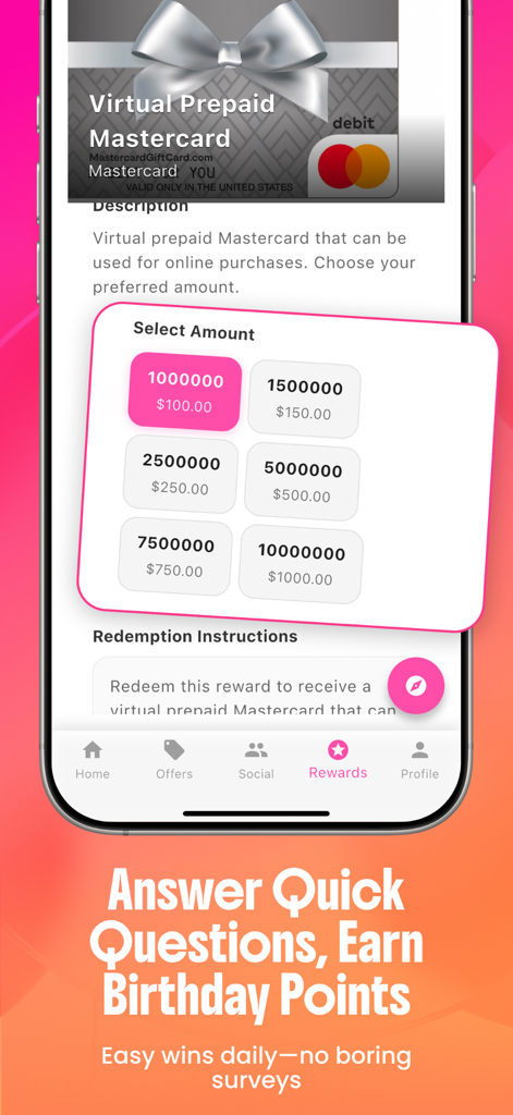 Birthday Hunter: BDay Freebies - Birthday Hunter app screen showing point redemption for virtual Mastercard gift cards in various amounts