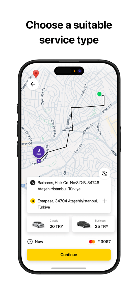 Taksicimアプリの画面に、イスタンブールの地図と推定料金が表示されたタクシーサービス選択画面が表示されています。