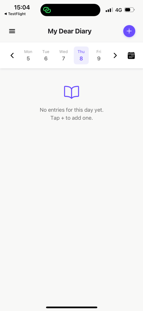 My Dear Diary Journal - The home screen of My Dear Diary Journal app featuring a calendar date picker and a prompt to create the first entry