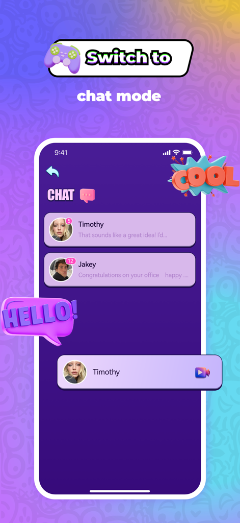 Froliv - Video Call，Have Fun - Screenshot of the Froliv app chat interface showing multiple conversation threads and social stickers like hello and cool