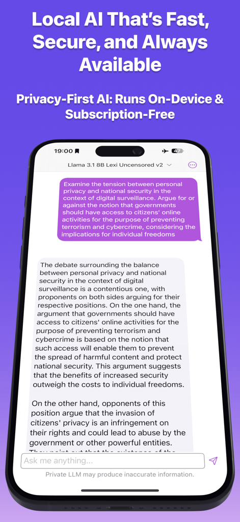Private LLM - Local AI Chat - Tela do iPhone mostrando a interface de chat de IA local do LLM Privado com uma discussão de texto sobre privacidade pessoal e segurança nacional