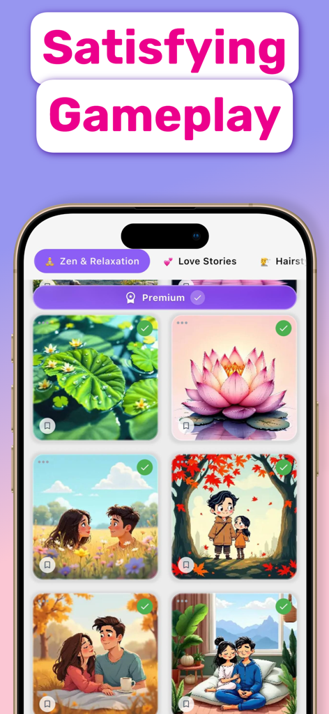 NumColor AI - Coloring Games - Tela de celular exibindo a galeria do aplicativo NumColor AI com um título de Jogabilidade Satisfatória e várias categorias de colorir relaxantes como Zen e Histórias de Amor.