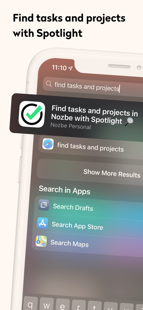 Nozbe Classic - iPhone screen showing Nozbe Classic task and project search results within iOS Spotlight
