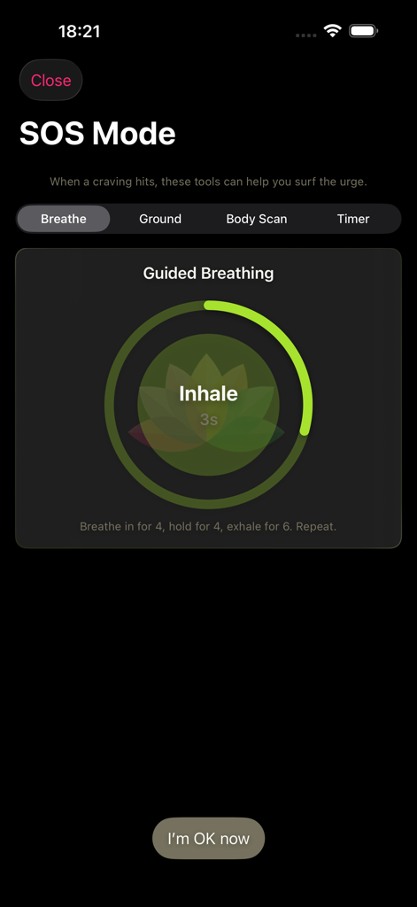 Simple Sober Tracker - Guided breathing tool in SOS Mode for managing cravings within the Simple Sober Tracker app.