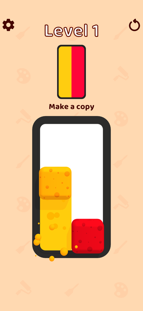 Paint Sponges - Una captura de pantalla del juego de puzzle Esponjas de Pintura que muestra el Nivel 1 donde el jugador debe copiar un patrón usando esponjas amarillas y rojas