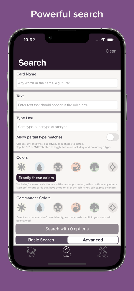 Interfaz de búsqueda avanzada en la aplicación Scry MTG que muestra filtros por nombre de carta, texto, tipo y colores de maná