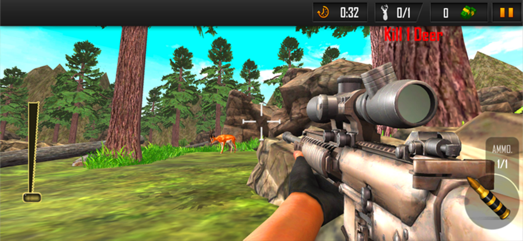 Deer Hunting Wild Animal Games - First person view of a sniper rifle aiming at a deer in a forest landscape