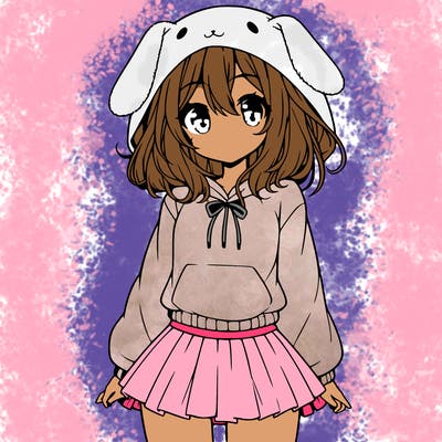 pretty anime girl wearing a fluffy hoodie with bunny ears on the hood and a skirt
