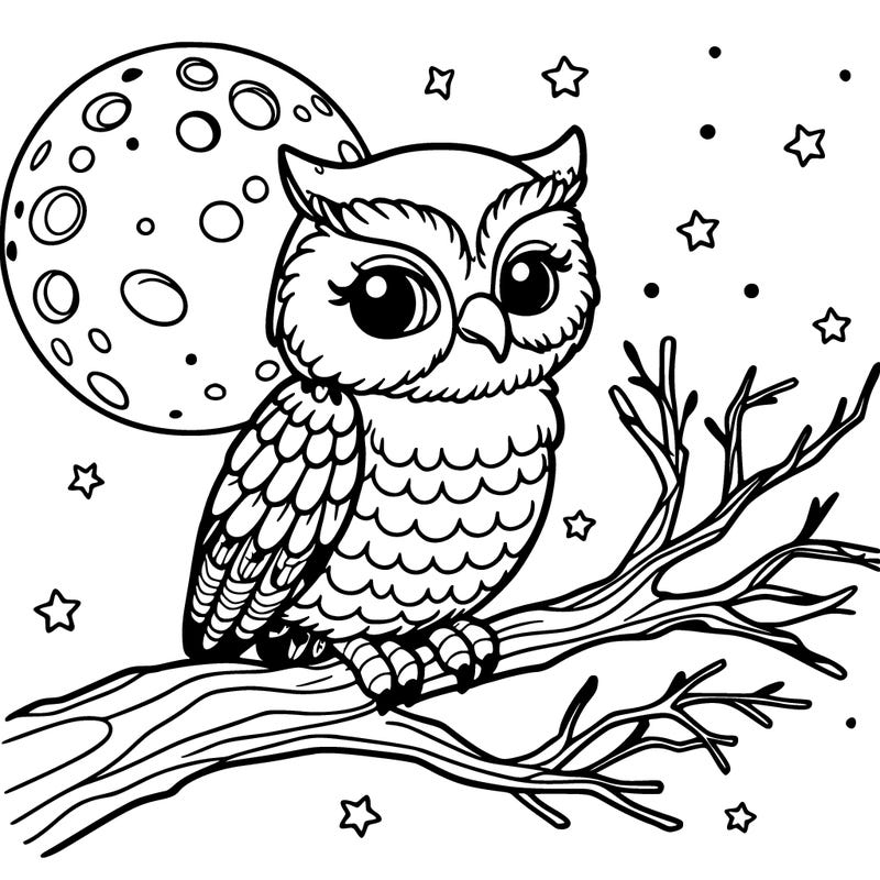 owl perched on a branch, looking at the moon