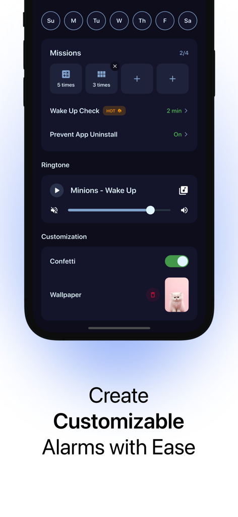 Snoozers: The End of Snoozing - Smartphone screen showing customizable alarm settings in the Snoozers app including wake up missions and ringtone selection.