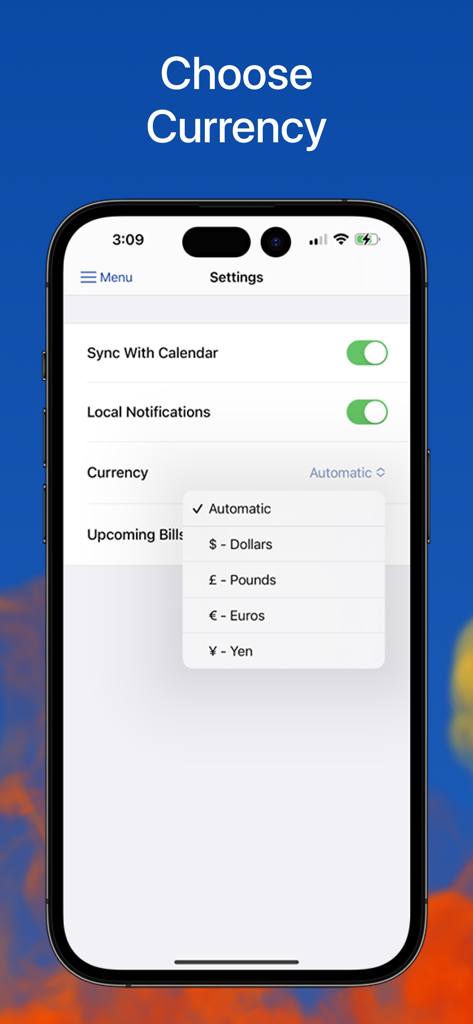 IPhone screen displaying the currency selection menu within the Bill Organizer and Reminder app settings