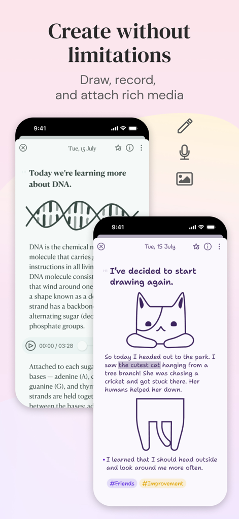 Diarly: Diary, Private Journal - Two iPhone screens displaying Diarly journal entries with hand-drawn sketches of a DNA strand and a cat alongside audio recordings and text