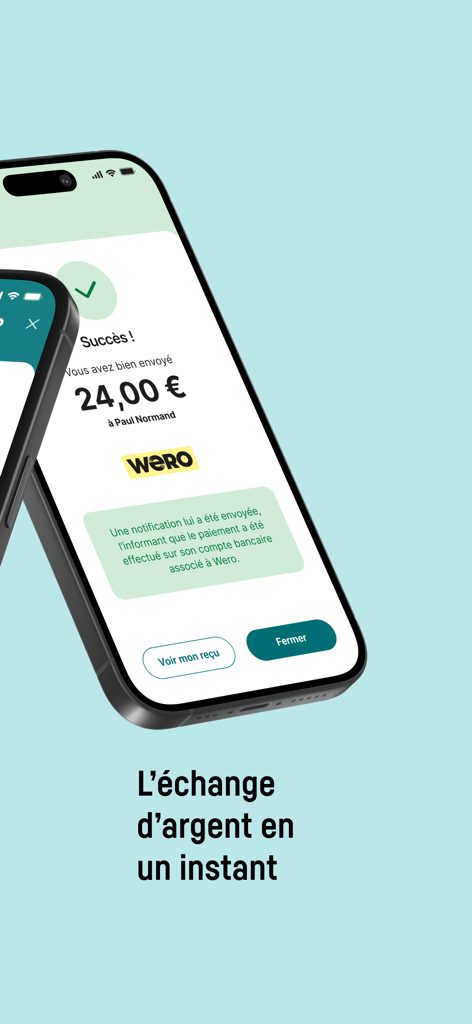 Screenshot dell'app CIC Pay che mostra un bonifico di denaro riuscito di 24 Euro a un contatto tramite Wero