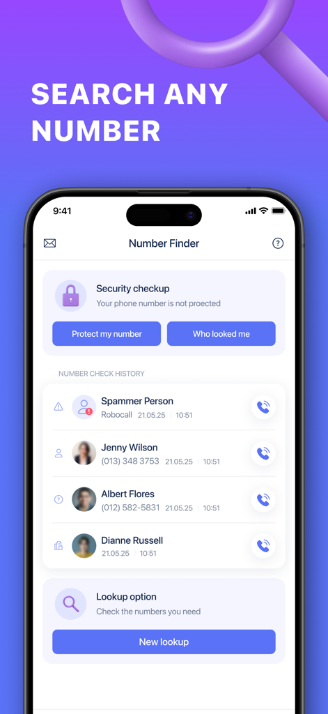 Mobile app interface of Number Finder showing a search history of identified callers and a security checkup section.