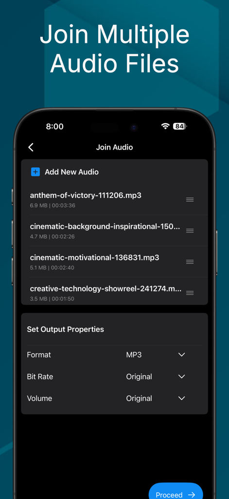 Audio Trimmer And Audio Joiner - Interfaz para unir múltiples archivos de audio con propiedades de salida personalizables