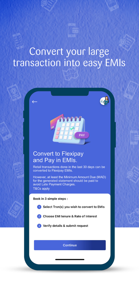 Pantalla de la aplicación SBI Card que muestra la función Flexipay para convertir transacciones en cuotas mensuales