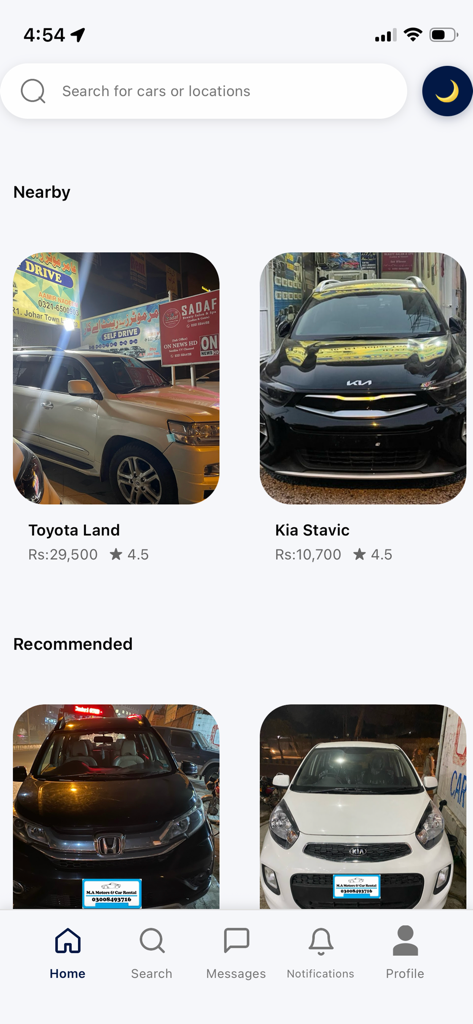 Hire A Car - 가격 및 사용자 등급과 함께 주변 및 추천 차량 대여 목록을 보여주는 Hire A Car 모바일 앱 인터페이스