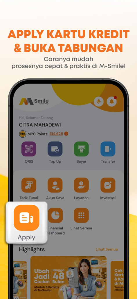 M-Smileモバイルバンキングダッシュボード。クレジットカードの申し込みや普通預金口座の開設オプションが表示されています。