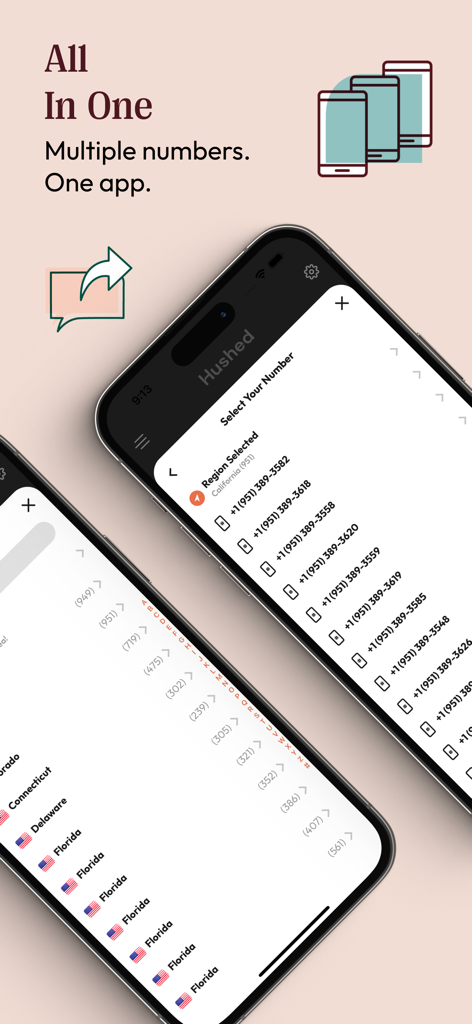 iPhone screen showing a list of available local phone numbers and US state options in the Hushed app