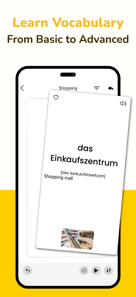 Todaii: Learn German A1-C1 - Todaii German vocabulary flashcard showing the word das Einkaufszentrum with translation and audio options