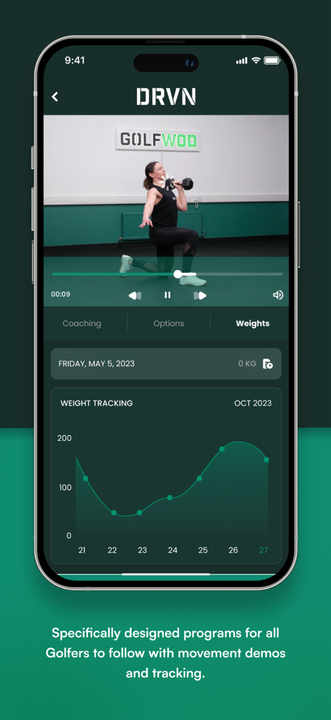 The DRVN app interface featuring a golf exercise video and a weight tracking progress chart