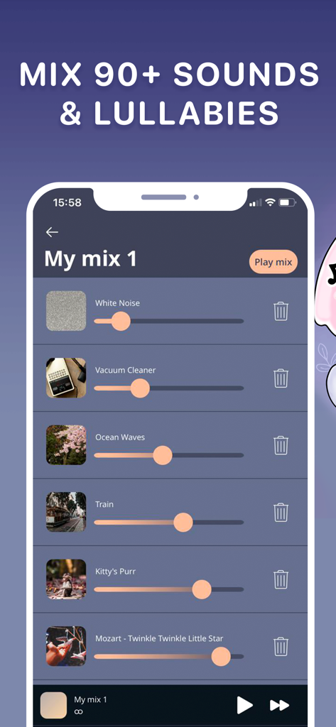 Un écran mobile montrant une interface de mélange de sons personnalisée dans l'application Calm Baby Sleep avec des curseurs pour le bruit blanc, les vagues de l'océan et les berceuses.