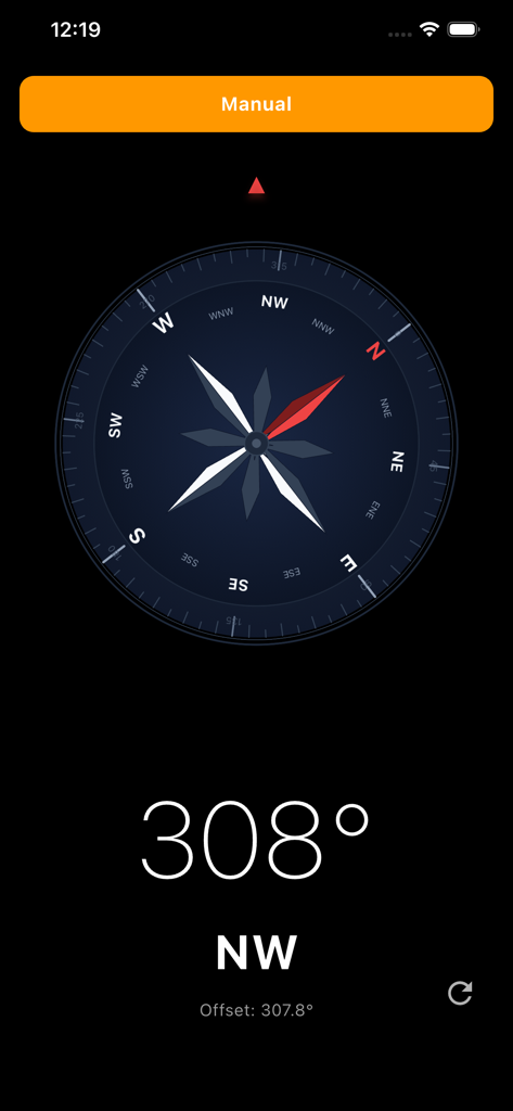 Geom Compass app interface showing a 308 degree northwest heading and manual calibration mode