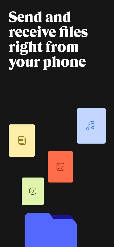WeTransfer app screen for sending and receiving files with various media icons