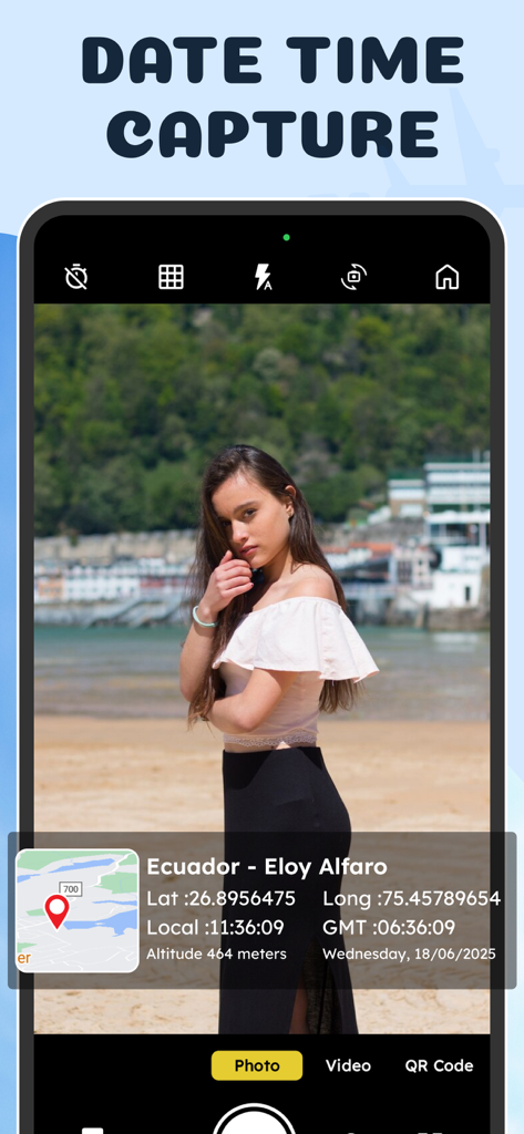 GPS Camera - GPS Video Camera - GPS Cameraアプリのインターフェース。位置情報、地図、タイムスタンプのオーバーレイが表示された写真。