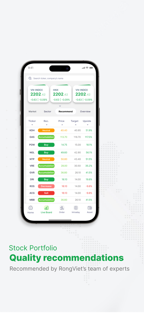 Interfaz de la aplicación iDragon que muestra recomendaciones de acciones de expertos e índices de mercado para el mercado de valores vietnamita en un dispositivo móvil.