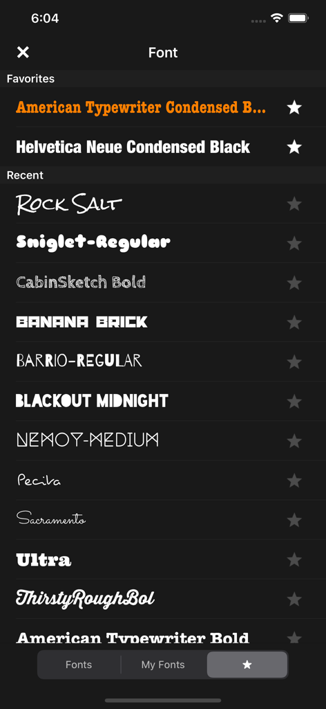 Font selection screen in Phonto app showing a list of favorite and recent typography styles
