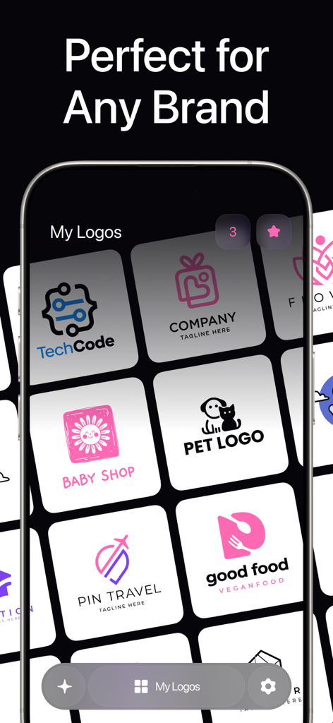 AI Logo - Generator & Maker - A collection of diverse AI-generated logos for various business sectors displayed on an iPhone screen.
