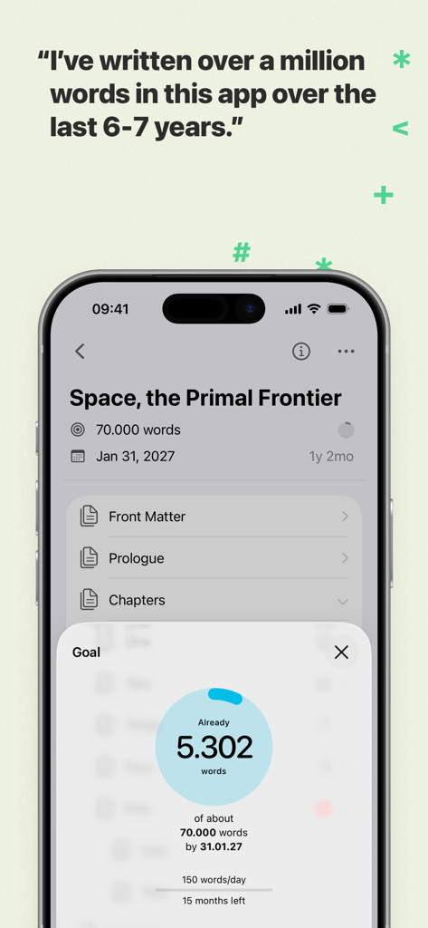 'Space the Primal Frontier'라는 책의 단어 수 목표 및 프로젝트 진행 상황을 보여주는 Ulysses 글쓰기 앱 인터페이스