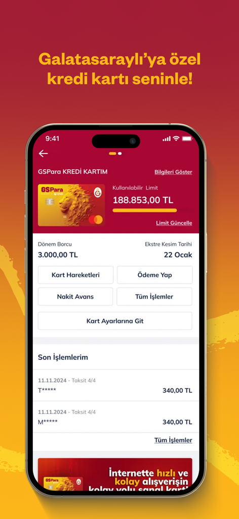 GSPara - Pantalla de smartphone que muestra la página de gestión de tarjetas de crédito de la aplicación móvil GSPara con la marca Galatasaray