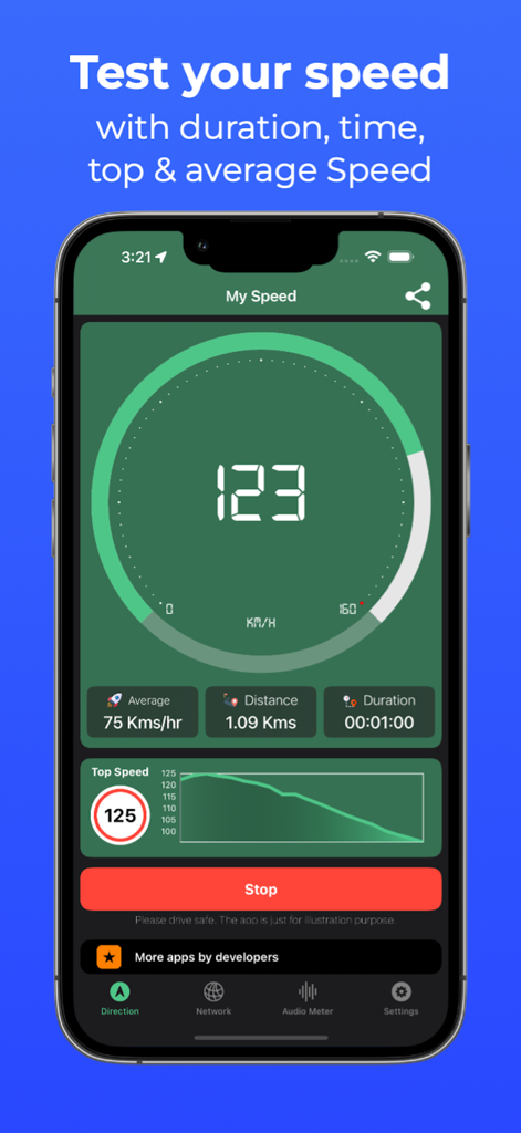 Dashboard dell'app My Speed che mostra un tachimetro GPS con tracciamento della velocità e della distanza in tempo reale