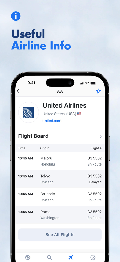 Interfaccia dell'app Flight Tracker che mostra una bacheca voli di United Airlines con aggiornamenti di stato e orari in tempo reale