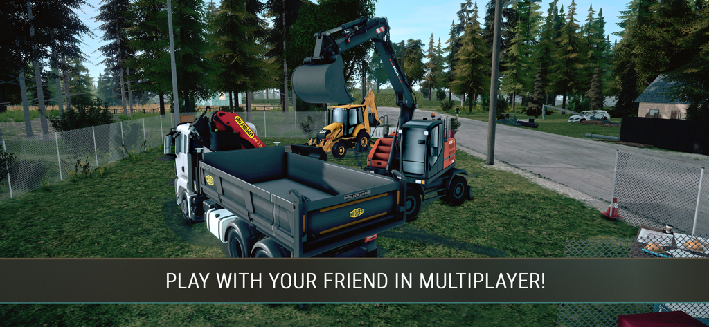 Heavy machinery and trucks in the multiplayer mode of Construction Simulator 4 Lite