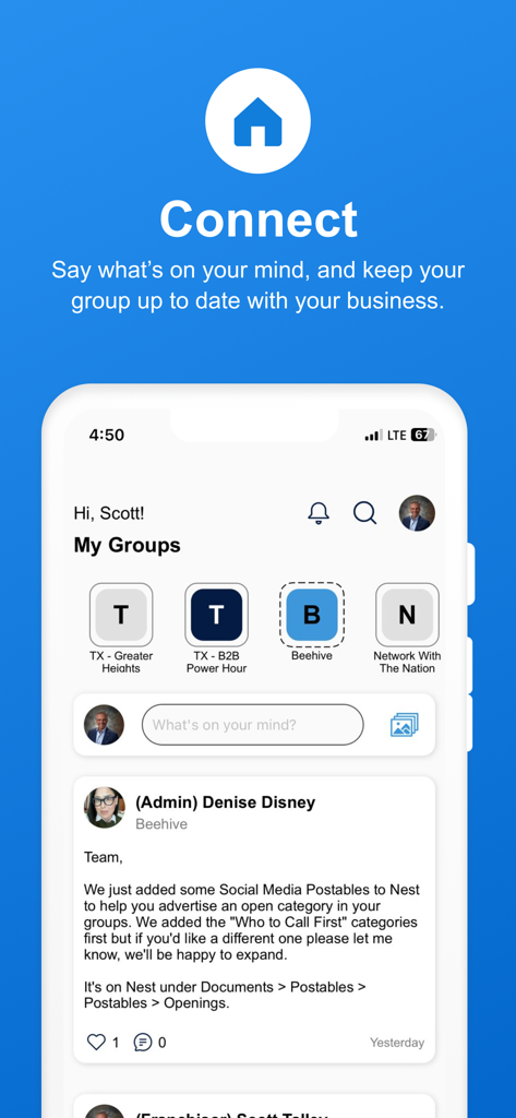 Network In Action - Interface do aplicativo móvel Network In Action mostrando grupos de negócios e um feed de rede social