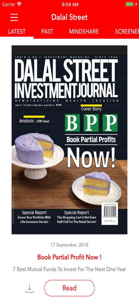 Dalal Street Journal- Magazine - The Dalal Street Investment Journal app interface showing a magazine issue cover about booking partial profits.