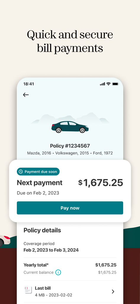 Intact Insurance: Mobile app - Intact Insuranceモバイルアプリのインターフェース。車の保険情報と安全な請求書支払い画面が表示されています。