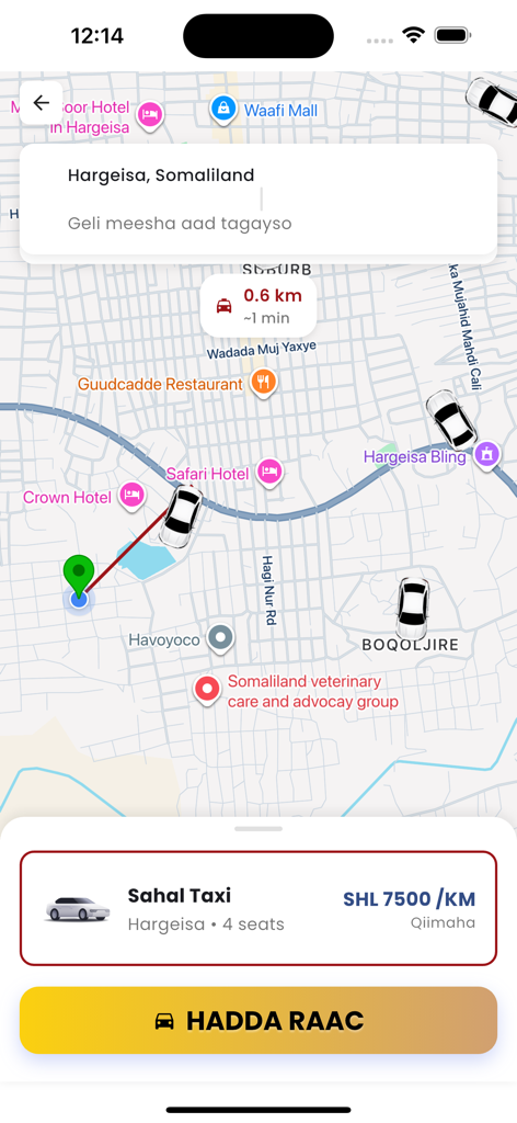 Sahal Transport - Sahal Transport app interface showing a taxi booking map in Hargeisa.