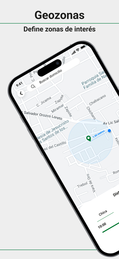 Satélites 24Hrs - Satélites 24Hrs app interface showing geofence settings on a city map