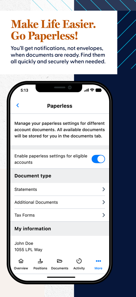 LPL Account View - LPLアカウントビューアプリのインターフェースに、明細書や税務書類のペーパーレス配信を有効にするオプションが表示されています。