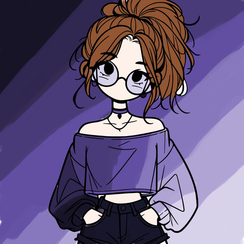 girl with a messy ponytail glasses a baggy crop top and jean shorts