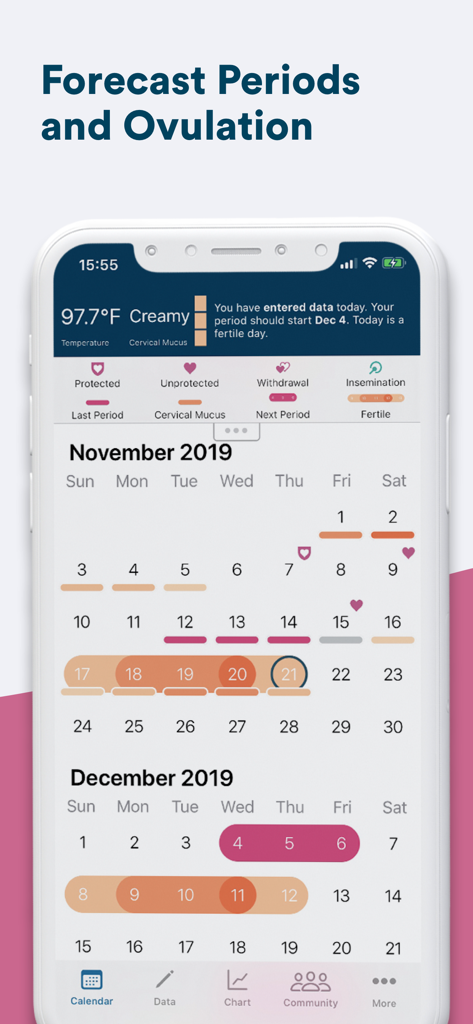 Kindara app interface showing a detailed calendar with period and ovulation forecasts and fertility biomarker tracking