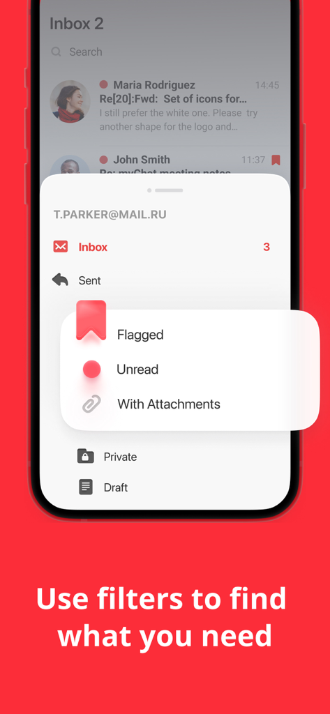 Interface of the myMail app displaying search filters for flagged unread and emails with attachments