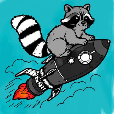 realistic raccoon flying on top rocket ship