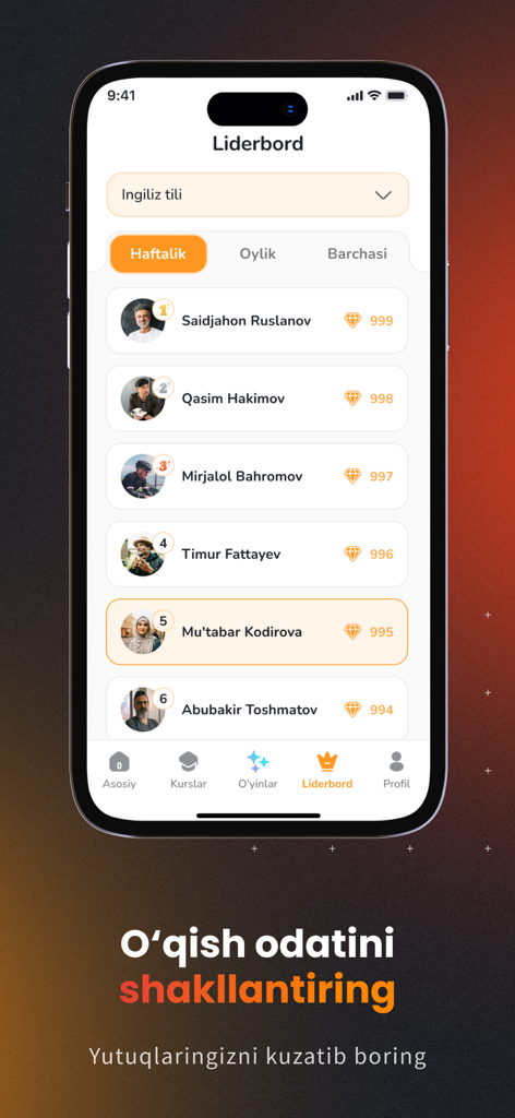 Ibrat Academy app leaderboard showing student rankings and achievement points for English language learners